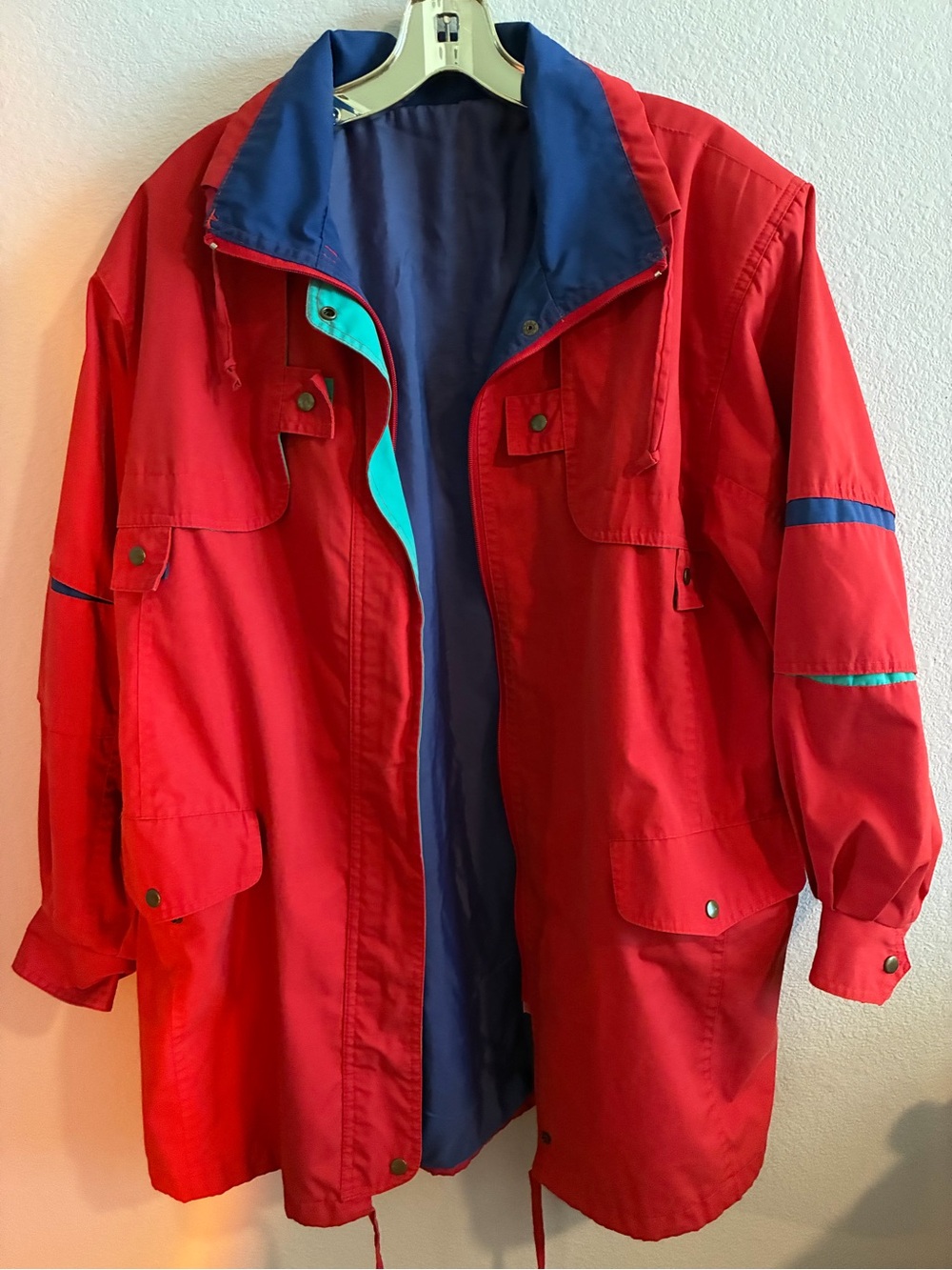 Sear’s Roebuck and Co. Red Utility Colorblock Jacket with Navy and Teal Accents